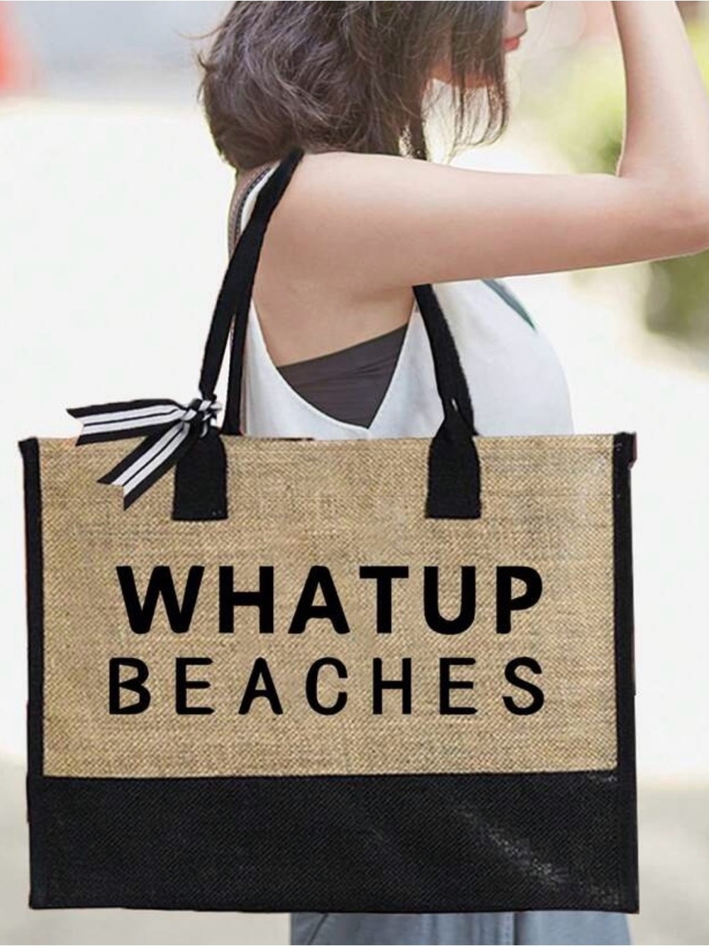 Classic Black & Natural 'Whatup Beaches' Tote Bag - Unbranded